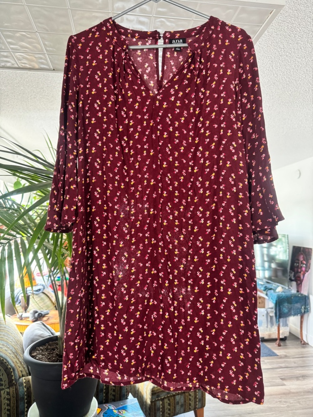 a.n.a Boho Floral Bell Sleeve Mini Dress - Burgundy Cottagecore Tunic